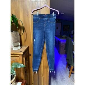Spanx Distressed Ankle Skinny Jeans Size Small‎ Petite Dark Wash Pull-On Raw Hem